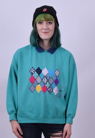 VINTAGE 90'S TURQUOISE PATCHWORK SEWING SWEATER MEDIUM