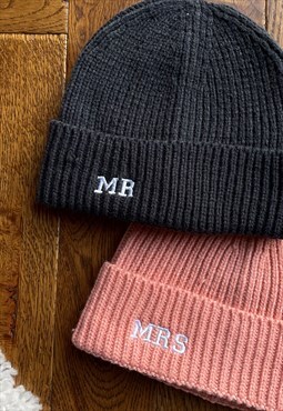 ROR Blush and Grey Mr and Mrs Embroidered Beanie Hat Set