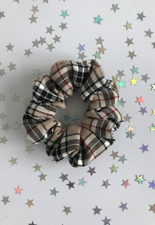 HANDMADE CARAMEL TARTAN SCRUNCHIE HAIR TIE