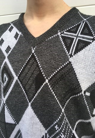 MENS VINTAGE 80S JUMPER GREY PATTERNED V NECK SWEATER TOP