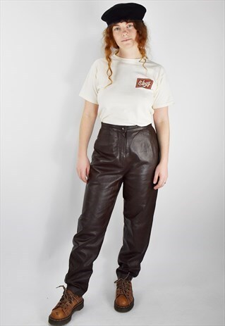 80S SUPER SOFT BROWN HIGH WAISTED LEATHER TAPERED TROUSERS