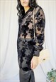 80S BLACK SHIMMER SHEER VELVETEEN FLORAL LONG BLOUSE SHIRT