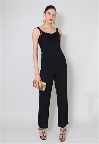 90's Vintage Ladies Black Strappy Jumpsuit All-in-one