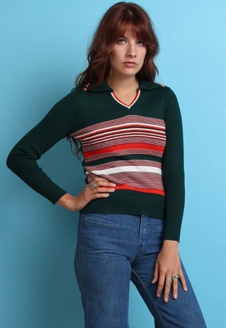 70S VINTAGE V-NECK COLLARED JUMPER