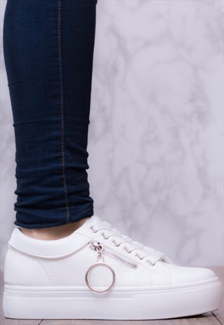 TRUE LOVE LACE UP FLAT TRAINERS SHOES - WHITE LEATHER STYLE