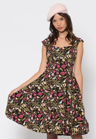 BLACK FLORAL BIRD PRINT DRESS