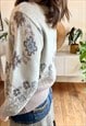 1980'S VINTAGE TAN AND BLUE FLORAL SPRING CARDIGAN