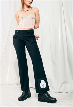 Reworked Flare Trousers Y2K Feminist Patch Pants Black Wool