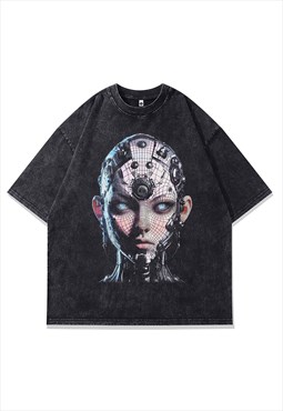 Cyberpunk t-shirt robot print tee creepy girl top acid grey
