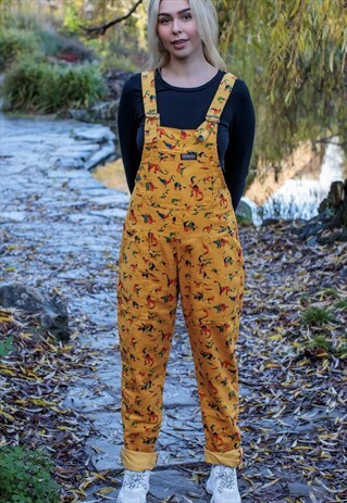 RETRO FUNKY STYLE RAINBOW DINOSAUR COSY CORD DUNGAREES