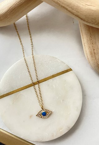 GOLD EVIL EYE DIAMANTE DAINTY PENDANT NECKLACE