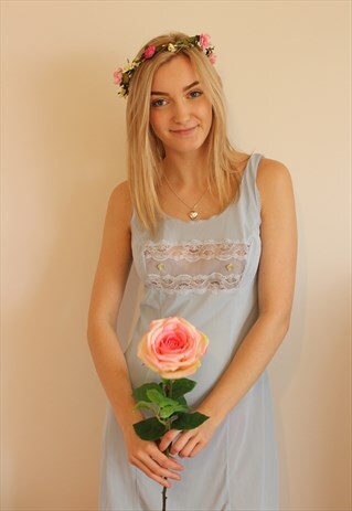 VINTAGE NIGHTDRESS BLUE LACE FLORAL MESH BRIDAL SLIP DRESS