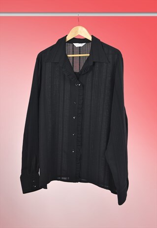 90S VINTAGE TAILORING BLACK SHEER RIBBED RUFFLE SHIRT BLOUSE