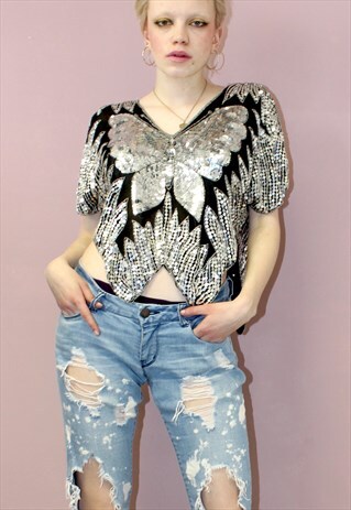 BLACK & SILVER BUTTERFLY SEQUIN TOP EVENING PARTY FESTIVAL