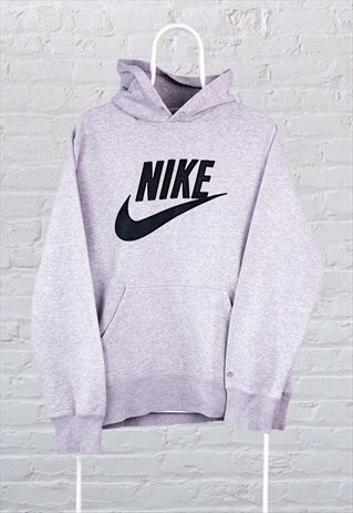 VINTAGE NIKE HOODIE SPELL OUT SWOOSH GREY LARGE