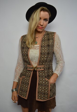 70S BROWN CREAM & BEIGE WELSH WOVEN WOOL TUNIC WAISTCOAT
