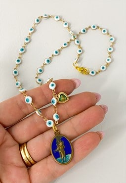 Vintage Re-worked Evil Eye Enamel Saint Necklace