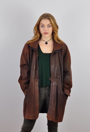 VINTAGE 1990'S BROWN OVERSIZE BUFFY LEATHER JACKET