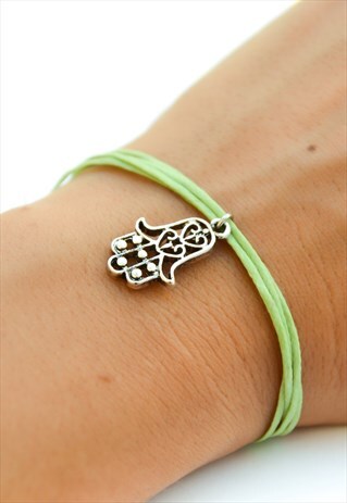 SILVER HAMSA CHARM BRACELET LIGHT GREEN CORD GIFT FOR HER