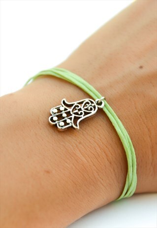 SILVER HAMSA CHARM BRACELET LIGHT GREEN CORD GIFT FOR HER