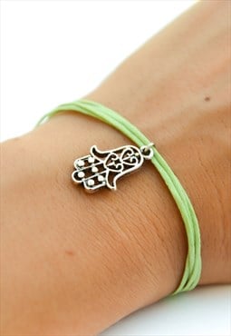 Silver Hamsa charm bracelet light green cord gift for her