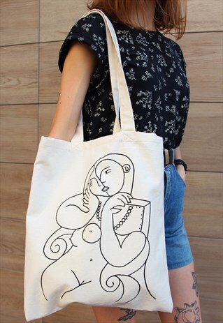 PICASSO WOMAN HAND PAINTED TOTE BAG
