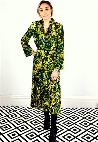 VINTAGE 70'S JAPANESE GREEN VELVET PATTERNED DRESS
