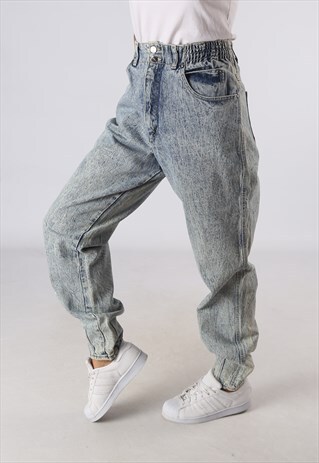 VINTAGE HIGH WAISTED DENIM JEANS WIDE TAPERED ACID WASH GE1H