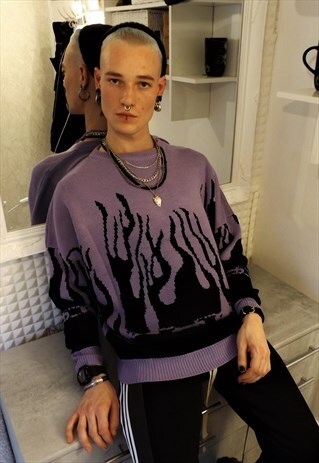 BOX FIT FLAME KNITTED SWEATSHIRT PURPLE FIRE KNITWEAR JUMPER