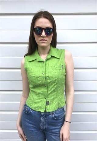 WOMENS VINTAGE 80S VERSACE TOP GREEN STRIPY FESTIVAL SHIRT