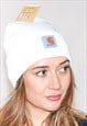 New White Ribbed Knit WIP Carhartt Wool Logo Beanie Hat