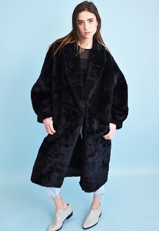 VINTAGE 90'S RETRO OVERSIZED FAUX FUR BLACK COAT
