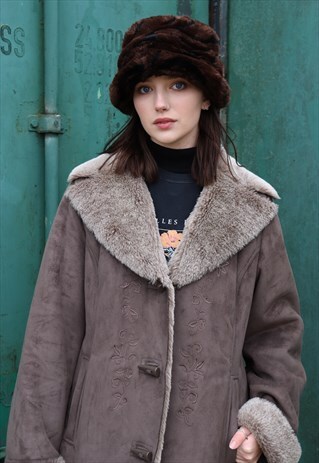 MINK BROWN FAUX SUEDE AFGHAN JACKET COAT FAUX FUR TRIM