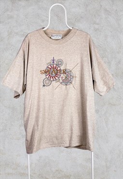 Vintage The Sweater Shop Beige T-Shirt Spell Out Embroidered