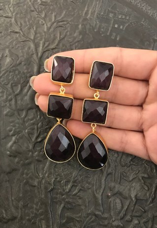 WINE BURGUNDY FAUX GARNET STATEMENT GEMSTONE EARRINGS