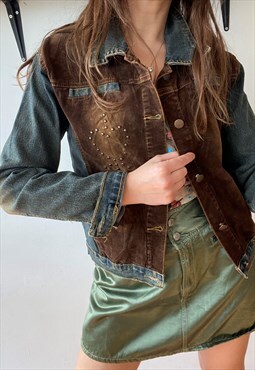 Vintage Y2K 00s retro velvet patchwork denim jacket