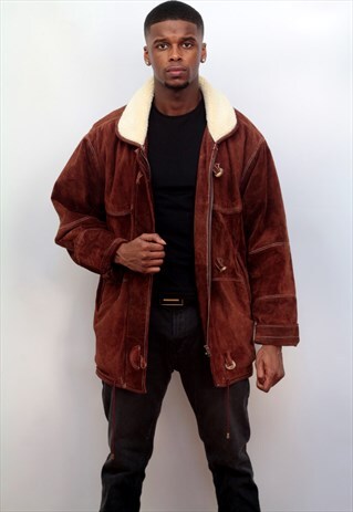 1980'S VINTAGE FAUX SHEARLING SUEDE COAT IN BROWN