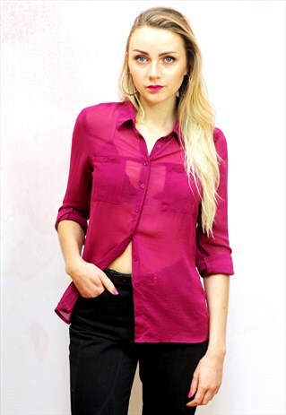 1990S VINTAGE MAGENTA SEMI SHEER FAUX CHIFFON BLOUSE