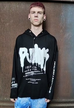 Punk slogan hoodie graffiti print grunge pullover in black