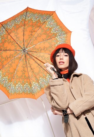 VINTAGE UMBRELLA 70S HIPPIE BOHO ORANGE PAISLEY ACCESSORY