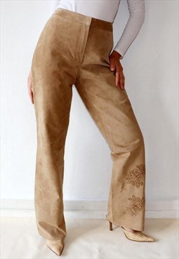 90s Vintage Suede Pants Straight Leather Trousers Tan