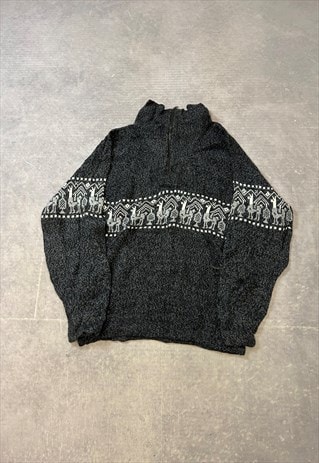 VINTAGE KNITTED JUMPER LLAMA PATTERNED 1/4 ZIP SWEATER