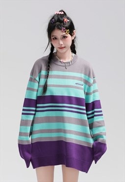 Colour block sweater knitted stripe jumper fluffy skater top