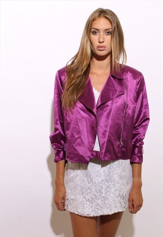 VINTAGE 1980'S 80'S FUCHSIA SILK BIKER JACKET CROPPED S-M