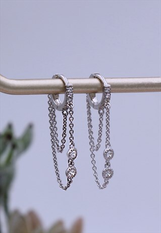 Sterling Silver Double Chain CZ Huggie Hoop Earrings