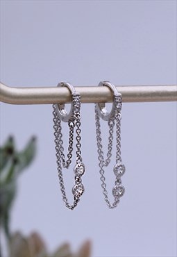 Sterling Silver Double Chain CZ Huggie Hoop Earrings