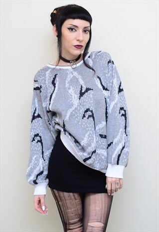 VINTAGE 90'S RETRO ABSTRACT PATTERNED WINTER SLOUCHY JUMPER