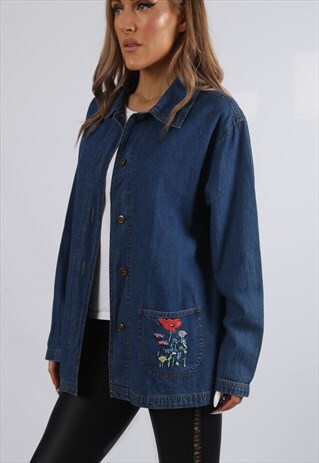 VINTAGE DENIM JACKET OVERSIZED EMBROIDERED UK 12 M (BDH)
