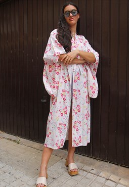 Original Vintage White & Pink Floral Kimono Cotton Duster Ja