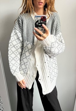 Handknitted Wool Mohair Pastel Oversized Warm Cardigan L XL